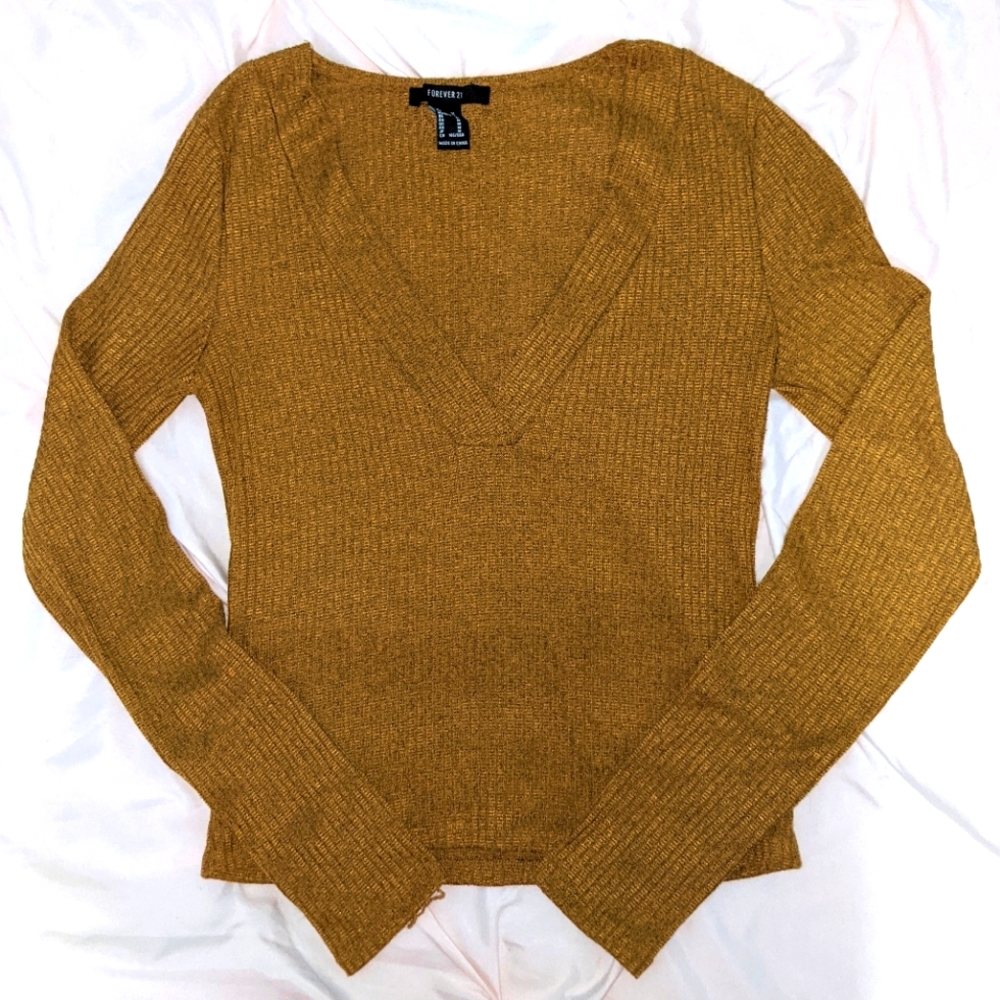 Forever 21 Gold V-neck Long Sleeve Top